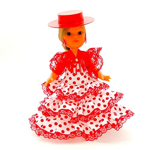 Folk Artesanía Muñeca artesana de 25 cm con Vestido Andaluza o Flamenca con Sombrero Nueva y Original (Blanco Lunar Rojo)