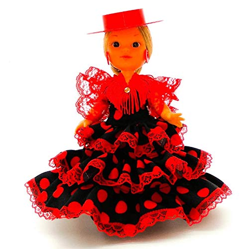 Folk Artesanía Muñeca artesana de 25 cm con Vestido Andaluza o Flamenca con Sombrero Nueva y Original (Negro Lunar Rojo)