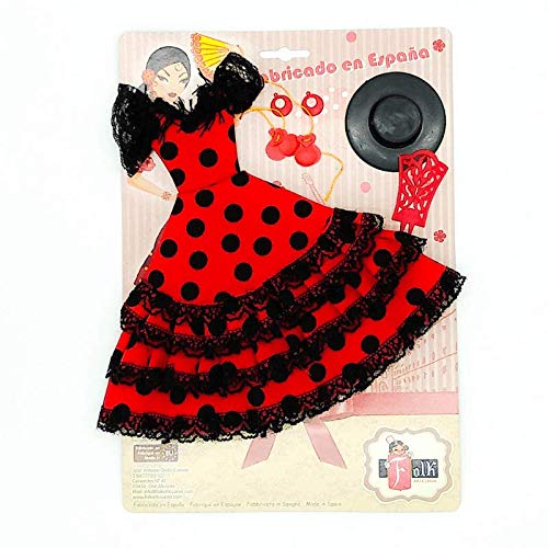 Folk Artesanía Set Vestido, Pendientes, Sombrero, peinetas y castañuelas Flamenca Andaluza para muñeca Baribe de Mattel. Muñeca no incluida (Rosa Lunar Blanco)