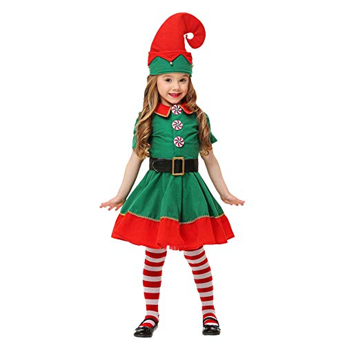 Fossen Disfraz Elfo Navidad Niñas Niños 2-16 Años Tops + Pantalones + Gorra + Calcetines Duende Costume Vestirse (14 años, Niña)