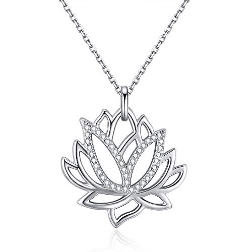 Friggem Flor de loto collar y colgante de plata esterlina con circonita plateada para mujeres y hombres, regalo del día de la madre