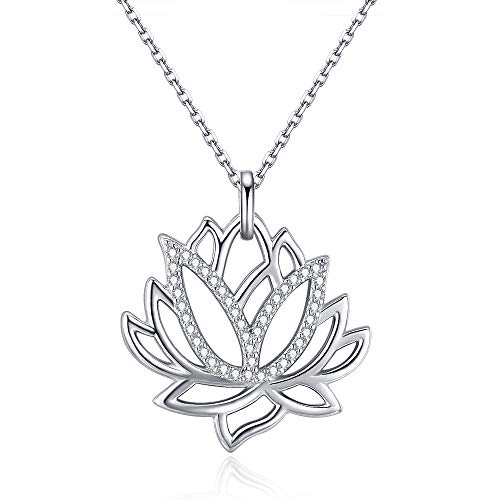 Friggem Flor de loto collar y colgante de plata esterlina con circonita plateada para mujeres y hombres, regalo del día de la madre Friggem Flor de loto collar y colgante de plata esterlina con circonita plateada para mujeres y hombres, regalo del día de la madre