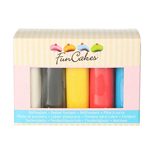 FunCakes Fondant Multipack Colores Primarios Suave, Flexible, Halal, Kosher y sin Gluten. 5 colores: Blanco, Amarillo, Azul, Rojo, Negro. 5 x 100 g