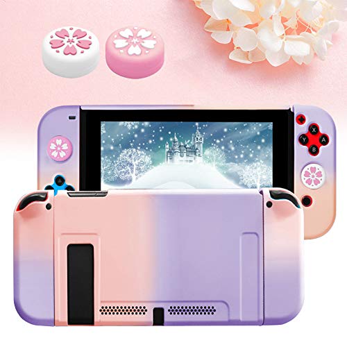 Funda para Switch con 2 Tapas de Agarre para Pulgar, Protectora Carcasa Separable para Consola Switch y Joy-Con, Funda Cubierta Protectora para Switch con 2 Tapas Silicona de Control -Rosa y Morado