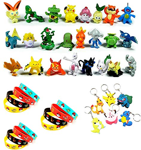 Funnyshow 42 Piezas Pokemon Figuras Pack, 24 Monster Mini Figuras + 12 Pokemon Pulseras de Silicona + 6 Pokemon Llavero