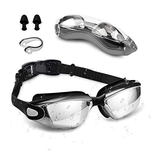 Gafas de Natación , otumixx Antiniebla Protección UV Sin Fugas Gafas para Nadar para Hombres Mujeres Adultos Niños Gafas Natación con Clip de Nariz Enchufe de Oído, Negro