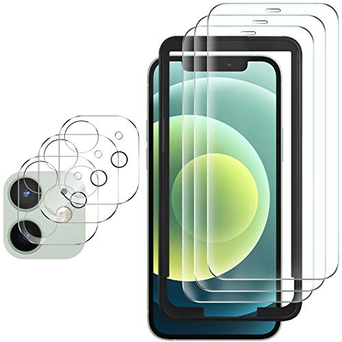 GESMA 3 Piezas Protector de Pantalla Compatible con iPhone 12, 3 Piezas Protector de Lente de Cámara, Cristal Templado de HD Anti-arañazos, Marco de Posicionamiento