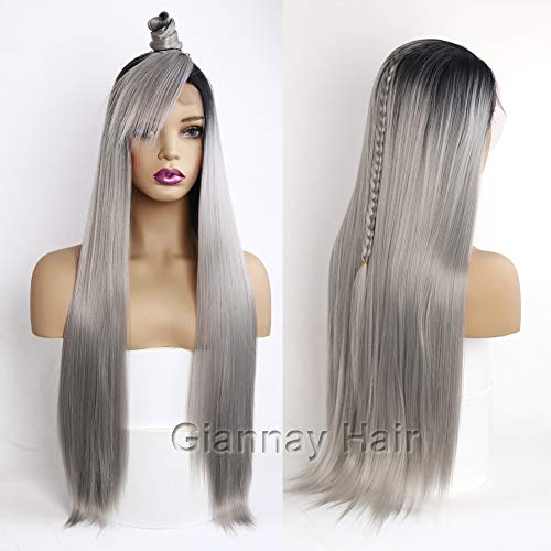 Giannay Hair Ombre Gray Dark Roots Lace Front Wigs Long Natural Straight Silver Grey Replacement Hair Wigs for Women Heat Resistant Fiber Hair Half Hand Tied 26 Inches