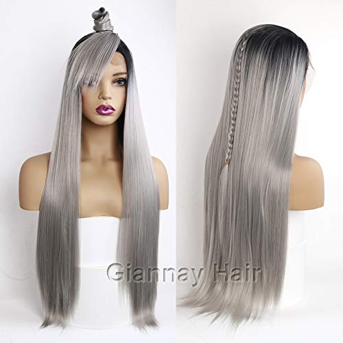 Giannay Hair Ombre Gray Dark Roots Lace Front Wigs Long Natural Straight Silver Grey Replacement Hair Wigs for Women Heat Resistant Fiber Hair Half Hand Tied 26 Inches Giannay Hair Ombre Gray Dark Roots Lace Front Wigs Long Natural Straight Silver Grey Replacement Hair Wigs for Women Heat Resistant Fiber Hair Half Hand Tied 26 Inches