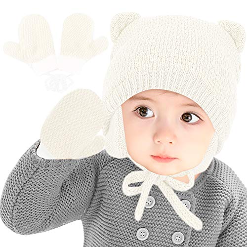 Gifort Sombrero de Bebé de Invierno para Unisex, Gorro de algodón con Motivo de Oso, Gorrito de Invierno y Guantes con Orejeras para niñas/niños Transpirable, cálido Blanco