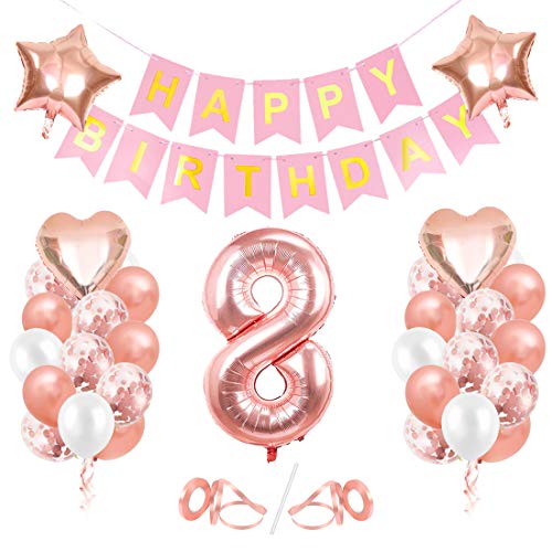 Globos de Cumpleaños 8 año, 8 Oro RosaDecoraciones, Pancarta de Feliz Cumpleaños, Decoración de Cumpleaños para 8 Niña, Globos de Confeti y Aluminio Oro Rosa, Fiesta Regalos para Niña y Mujeres y Bebe