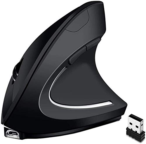 Gssuccess - 2.4G Ratón óptico Forma Vertical Ergonómico Recargable USB inalámbrico - Diseño ergonómico Prevención de Codo de tenista - Enfermedad del ratón - 6 Botones - Iluminado - Color Negro
