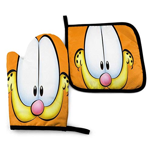 Guantes de Cocina y Juego de Mantel Individual Garfield de dibujos animadoscon Silicona Antideslizantes para Cocinar, Asar(Juego de 2 piezas)
