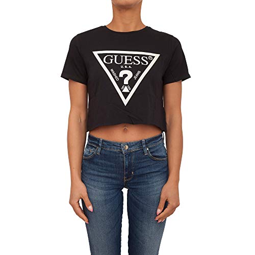Guess Camiseta para Mujer, sin Barriguita - Crop-Top, Logotipo Impreso, Cuello Redondo, Manga Corta, Algodón (Negro, M (Medium))