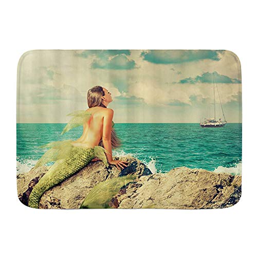 GugeABC lfombra de baño,Sirena Cantando en el Arrecife tentando el Barco en el mar,Alfombra de baño Alfombra Antideslizante,29.5"X 17.5"