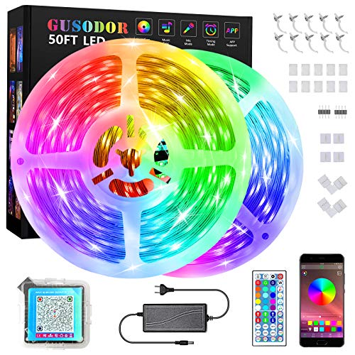 GUSODOR 15M Tiras Led Música Tiras de Luces Bluetooth 5050 Led Iluminación Control de APP y de Control Remoto para Hogar, Dormitorio, TV, Cocina, Escritorio, Decoración de Bar