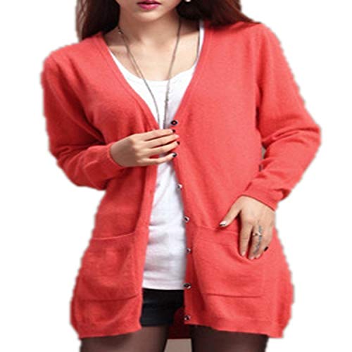 Guy Eugendssg Women Spring Autumn Long Cardigan Cashmere Material Loose Sweater For Outerwear Coat with Pockets Watermelon Red S