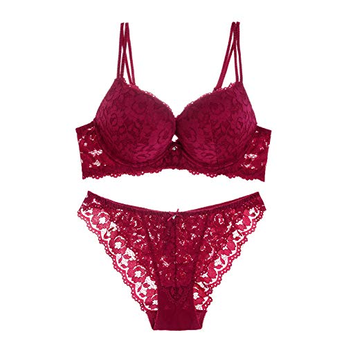 gyysa Europe and The United States Lace on The Thin Thick Double Thin Shoulder Strap Deep V Gathered Bra Set Rojo Red Wine 80B
