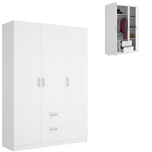 HABITMOBEL Armario ropero de Tres Puertas y Dos cajones, Color Blanco, Medidas 150 cm (Largo) x 215 cm (Alto) x 52 cm (Fondo) HABITMOBEL Armario ropero de Tres Puertas y Dos cajones, Color Blanco, Medidas 150 cm (Largo) x 215 cm (Alto) x 52 cm (Fondo)