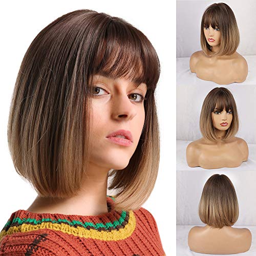 HAIRCUBE Pelucas rectas de Bob corto natural para mujeres Pelucas de color marrón oscuro con flequillo Uso diario HAIRCUBE Pelucas rectas de Bob corto natural para mujeres Pelucas de color marrón oscuro con flequillo Uso diario