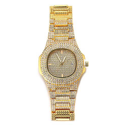 Halukakah Reloj de Oro Hombres Iced out,Chapado en Oro Real de 18k Pulsera de Cuarzo 9.5"(24cm),Cz Completo Diamante de Laboratorios,Gratis Caja de Regalo