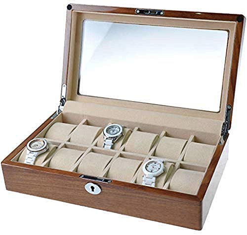 HAOT Caja de exhibición de Reloj de Madera Organizador de Almacenamiento de Joyas de Vidrio Superior Cerradura de Seguridad Fuerte Reloj y joyero para Hombres y Mujeres de 12 Ranuras, Caja de rel