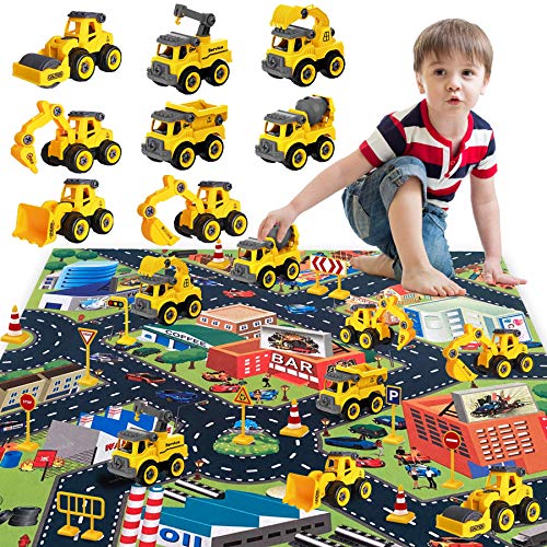HapeeFun-8 en 1vehículos de construcción de jugue, Montar y Desmontar, Camiones de Juguetes con tapete de Juego de 27.6 * 31.5ins y Accesorios,Navidad Cumpleaño Regalos educativos para niños 3+ HapeeFun-8 en 1vehículos de construcción de jugue, Montar y Desmontar, Camiones de Juguetes con tapete de Juego de 27.6 * 31.5ins y Accesorios,Navidad Cumpleaño Regalos educativos para niños 3+