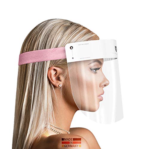 HARD 1x Pro Visera de protección facial, Certificado médico, Protector de plástico Antivaho, Pantalla protectora para adultos, Hecho en Alemania - Blanco/Rosa