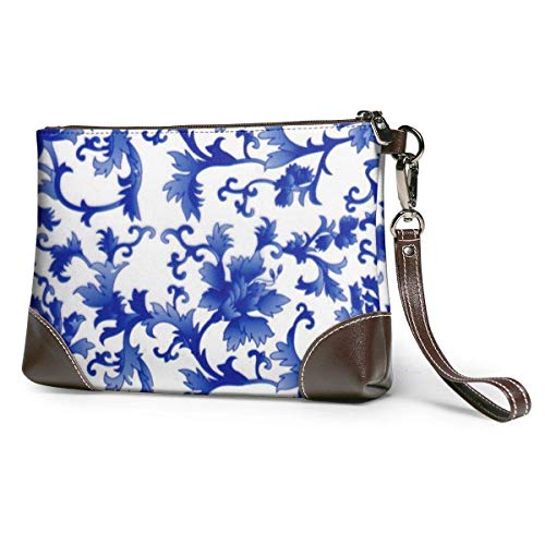 Hdadwy Porcelana azul y blanca Patrón de sombreado floral Bolso de mano de cuero para mujer Bolso de mano Bolso de mano grande y cuadrado Monedero con correa Elegante y duradero