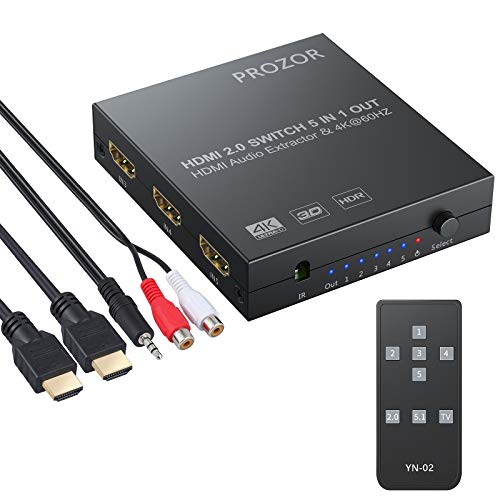 HDMI Convertidr 5x1 4K 60Hz Conversor HDMI Switch Extractor de Audio Salida Analogica Optica Toslink SPDIF Jack 3.5mm Soporta 4K 3D YUV4:4:4 HDR con Mando Cable HDMI Cable 3.5mm a RCA