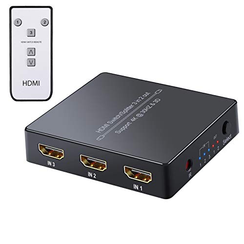 HDMI Switch 3 x 2 Salidas Conmutador HDMI 4K 3D Distribuidor Automático con Mando a Distancia Cable HDMI 1.4 para HDTV Monitor DVD PC Proyector Sky Box PS3 PS4 Xbox