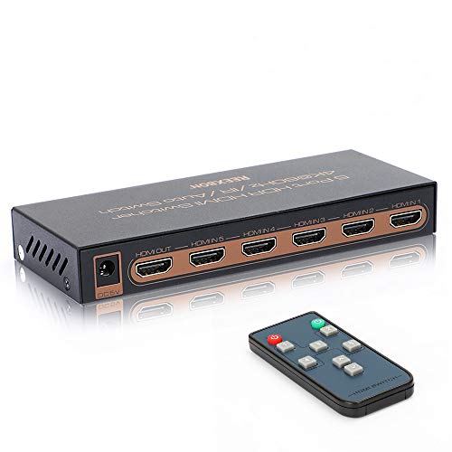 HDMI Switch, REEXBON 4K@60Hz Splitter HDMI, 5 In 1 out HDMI Switcher Conmutador con Soporte Remoto IR HDCP 2.2, UHD, HDR, Full HD / 3D