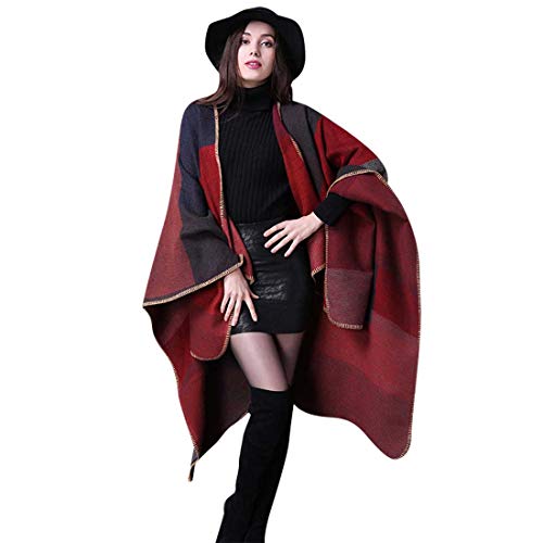 heekpek Poncho de Punto Mujer Cuadros Tartán Poncho Reversible de Otoño Multicolor Capa Mujer Elegante para Invierno