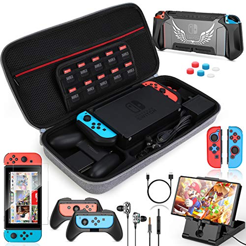 HEYSTOP Funda para Nintendo Switch, 16 in 1 Accesorios Nintendo Switch con Carcasa de TPU+Joy-Con Mandos+Protector de Pantalla+Soporte regulable+Cable USB+Auriculares+Funda Comfort Grip+6 Pulgar Grips