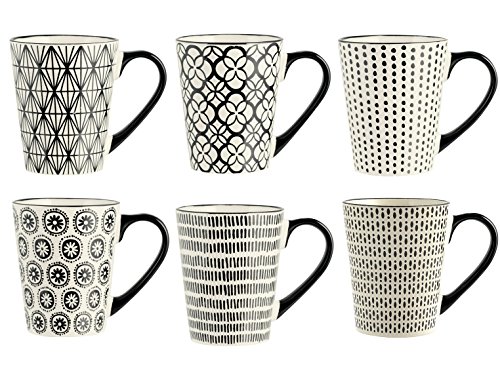 H&H Vhera Stoneware - Juego de 6 Tazas (350 ml), Color Crema y Negro