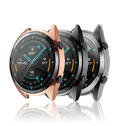 Hianjoo 3 Piezas Funda Compatible con Huawei Watch GT 2 46mm, Suave Cubierta TPU Silicona Goma con Completo Protector Pantalla Carcasa Marco Resistente Rasguños Protectora,Negro, Oro Rosa,Transparente