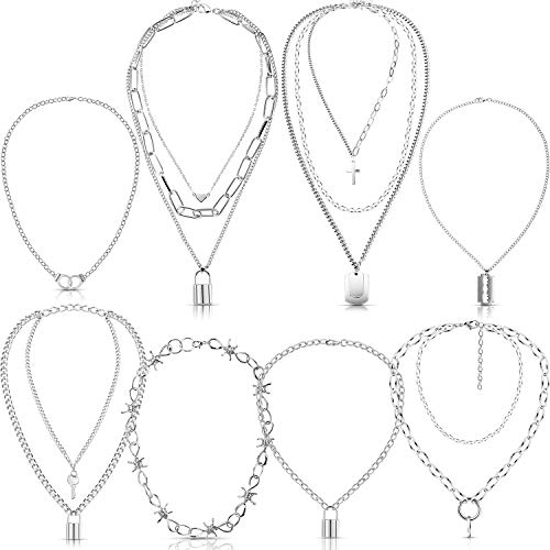 Hicarer Juego de 8 Piezas Collar de Cadena Punk, Collar Gargantilla Colgante de Candado de Afeitar de Espina de Alambre Punk Multicapa Unisexo, Plateado Hicarer Juego de 8 Piezas Collar de Cadena Punk, Collar Gargantilla Colgante de Candado de Afeitar de Espina de Alambre Punk Multicapa Unisexo, Plateado