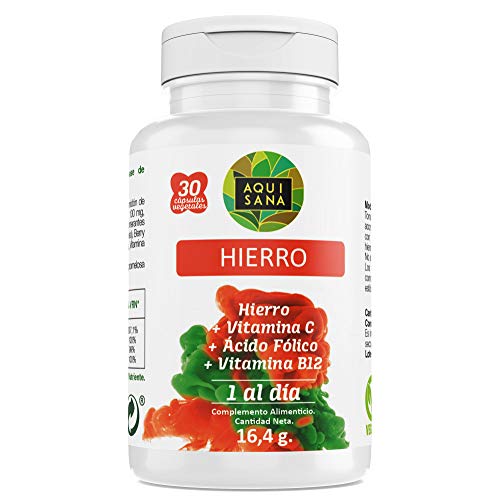 Hierro con Ácido Fólico | Suplemento de Hierro con Vitamina C y Vitamina B12 | Mayor vitalidad y Energía |Para Hombres y Mujeres |30 Cápsulas – Aquisana