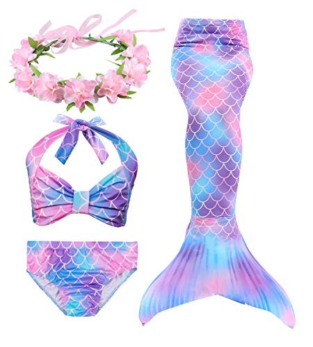 Hifunbay Cola de Sirena Niña para Nadar Incluido Traje de Sirena Baño de Bikini de 3 Piezas y Diadema con Guirnaldas de Flores sin monoaleta (DH48-B07, 130) Hifunbay Cola de Sirena Niña para Nadar Incluido Traje de Sirena Baño de Bikini de 3 Piezas y Diadema con Guirnaldas de Flores sin monoaleta (DH48-B07, 130)