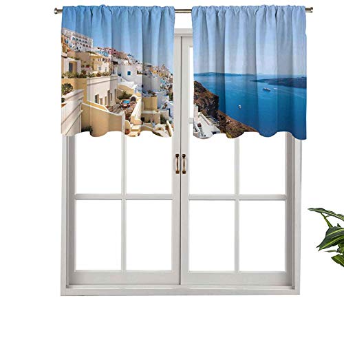 Hiiiman Cortinas opacas cortas, con bolsillo para barra, paisaje urbano en el borde del acantilado, Isla Grecia, juego de 2, cenefas pequeñas de media ventana de 137 x 91 cm para dormitorio