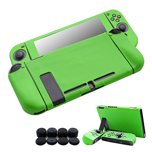 Hikfly Gel de Silicona Agarre Antideslizante Kits de Protección Carcasas Cubrir Piel para Nintendo Switch Consolas y Joy-Con Controlador Con 8pcs Gel de Silicona Empuñaduras Gorras(Verde)