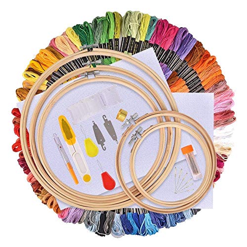 Hilos de Bordar 134 Kit, Kit Inicio de Bordado, Hisome Kit de Herramienta de Punto de Cruz, 5 Pcs Aros de Bambú, 100 Hilos de Colores, 12 x 18 Pulgadas Set de 14 Agujas y Reserva Clásica Aida y Agujas Hilos de Bordar 134 Kit, Kit Inicio de Bordado, Hisome Kit de Herramienta de Punto de Cruz, 5 Pcs Aros de Bambú, 100 Hilos de Colores, 12 x 18 Pulgadas Set de 14 Agujas y Reserva Clásica Aida y Agujas