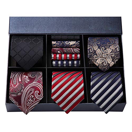 HISDERN Lote 5 PCS Clasico Formal Elegante Hombres Corbata de seda Set Corbata & Panuelo de bolsillo - Conjuntos multiples