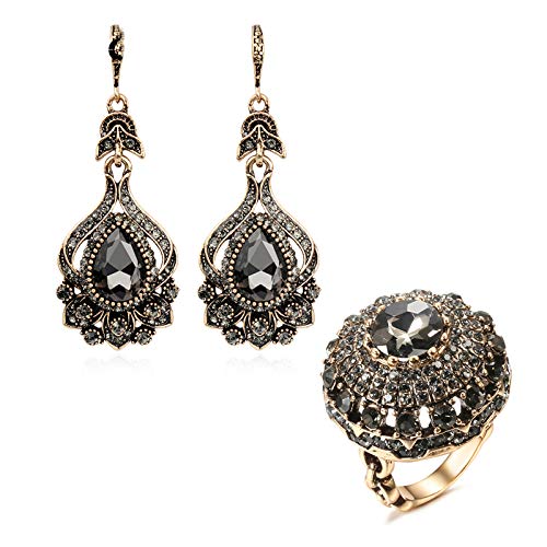 HMANE Conjuntos de Joyas de época Conjuntos de aretes de Anillo de Diamantes de imitación Grises completos Color Oro Antiguo Joyería de Boda étnica Femenina Regalo de Cristal HMANE Conjuntos de Joyas de época Conjuntos de aretes de Anillo de Diamantes de imitación Grises completos Color Oro Antiguo Joyería de Boda étnica Femenina Regalo de Cristal