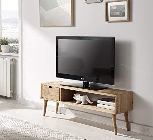 Hogar24.es-Mesa televisión, mueble tv salón diseño vintage, cajón y estante, madera maciza natural, fabricación artesanal. 100 cm x 40 cm x 30 cm