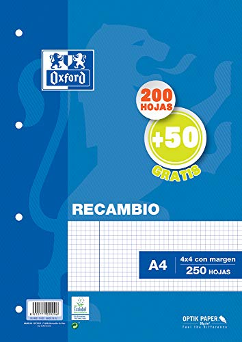 Hojas cuadriculadas A4 Recambio Oxford. 200+50 hojas. Cuadrícula 4x4. Hojas cuadriculadas A4 Recambio Oxford. 200+50 hojas. Cuadrícula 4x4.