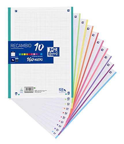 Hojas cuadriculadas A4 Recambio Oxford, School, 10 Banda colores, 160 Hojas, Cuadrícula 5x5, Multicolor Hojas cuadriculadas A4 Recambio Oxford, School, 10 Banda colores, 160 Hojas, Cuadrícula 5x5, Multicolor