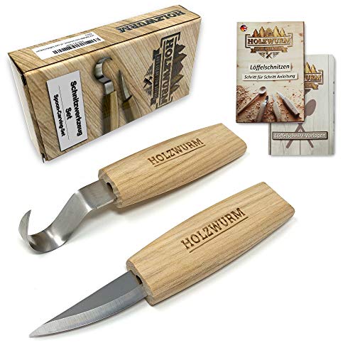 HOLZWURM Juego de cuchillos para tallar madera, cuchara - básico, incluye instrucciones (EN) y plantillas de tallado, juego de herramientas de tallado ideal para tallar con cuchara