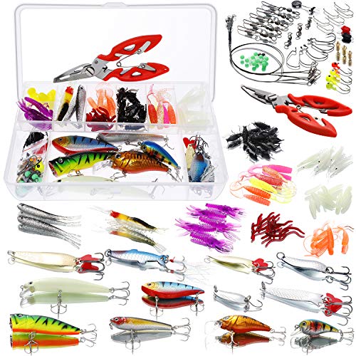 Homealexa Señuelos de Pesca, 123 Piezas Kits de Señuelos Pesca Accesorios Cebos Artificiales Articulos de Pesca Incluido la Caja Tackle, Ganchos, Tijeras, Cebos, Popper, Grillos y más