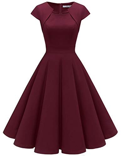 Homrain Mujeres 1950 Vintage Cap Manga Rockabilly cóctel Swing Vestido Burgundy M